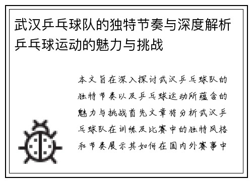 武汉乒乓球队的独特节奏与深度解析乒乓球运动的魅力与挑战